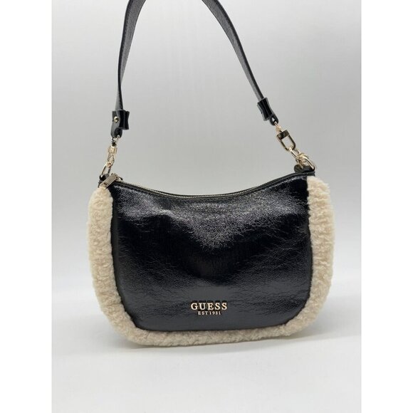 GUESS Davika crinkle faux-leather Sherpa trim hobo shoulder bag - Black - Picture 7 of 15